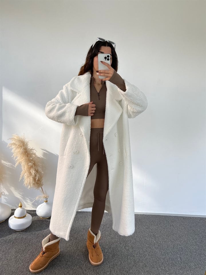 Premium Beyaz Oversize Teddy Uzun Kaban
