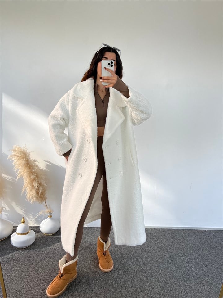 Premium Beyaz Oversize Teddy Uzun Kaban
