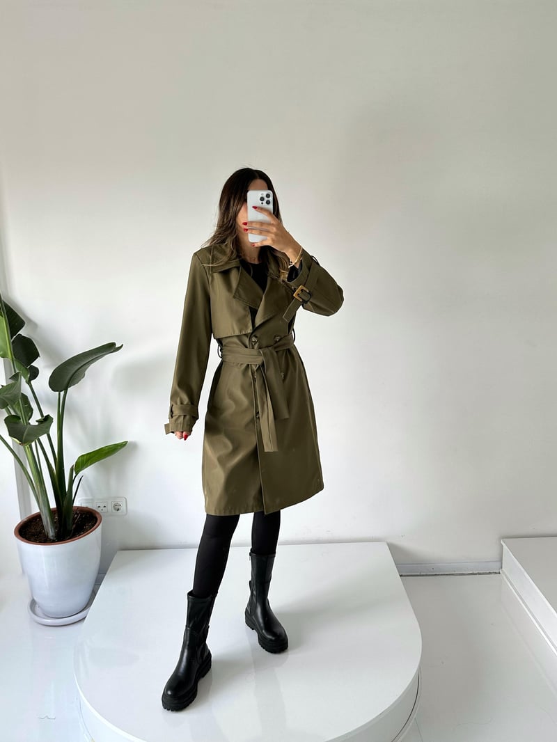 Premium Haki Astarlı Uzun Trençkot