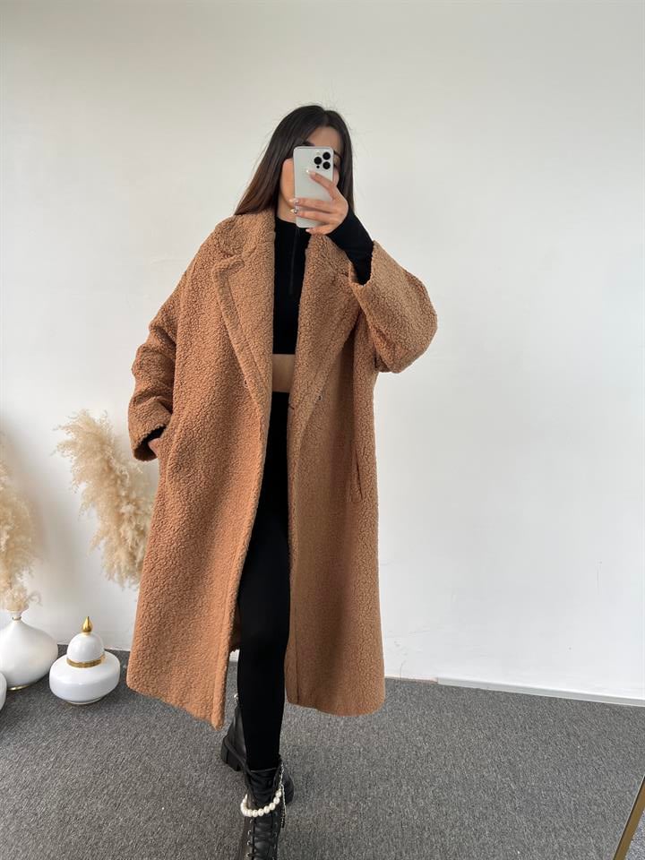 Premium Kahverengi Oversize Teddy Tek Düğmeli Kaban
