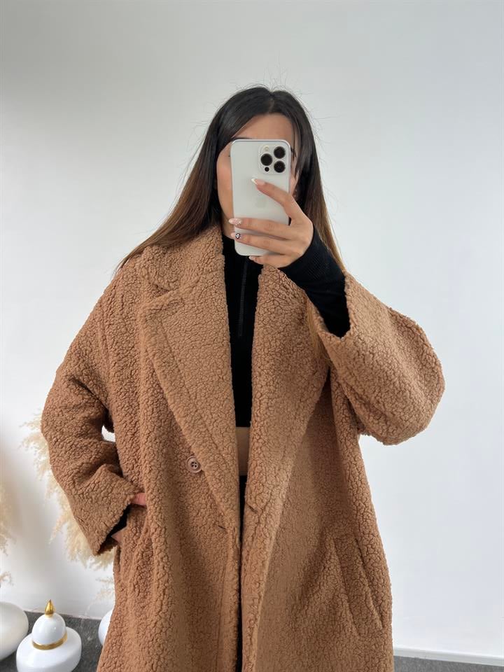 Premium Kahverengi Oversize Teddy Tek Düğmeli Kaban