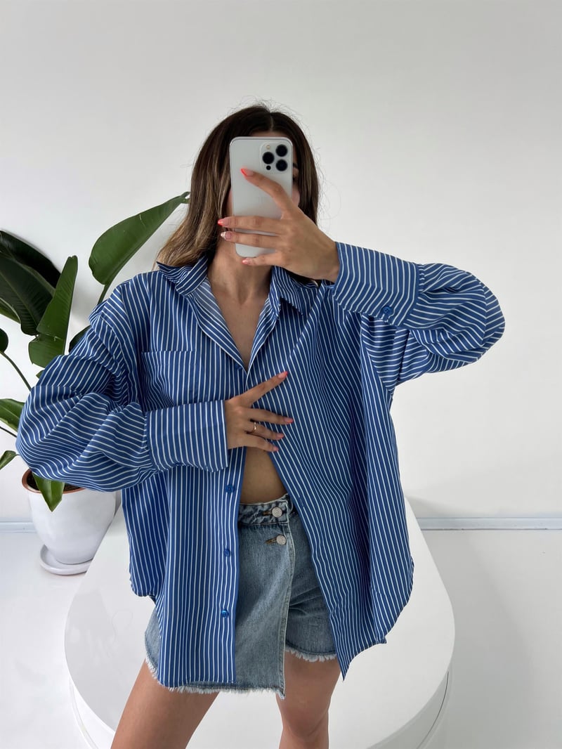 Premium Mavi Çizgili Oversize Gömlek 