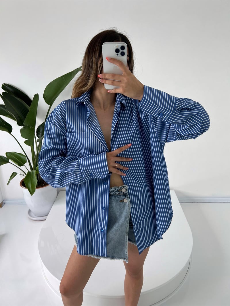 Premium Mavi Çizgili Oversize Gömlek 