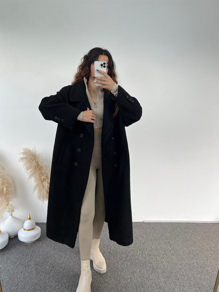 Premium Siyah Oversize Teddy Uzun Kaban