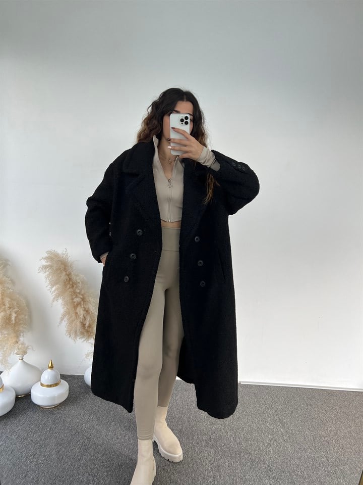 Premium Siyah Oversize Teddy Uzun Kaban