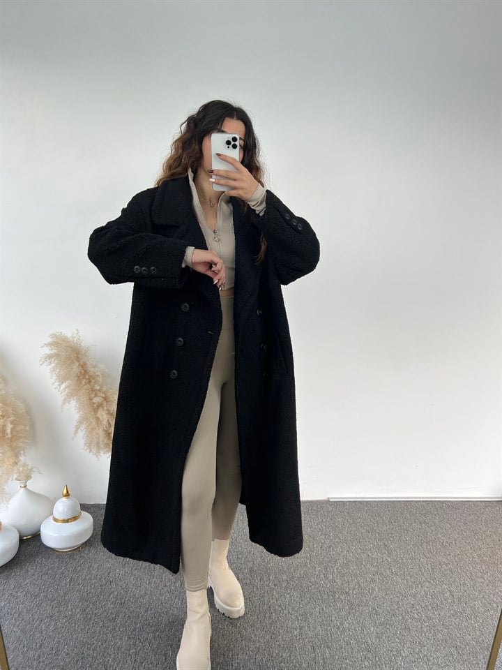 Premium Siyah Oversize Teddy Uzun Kaban