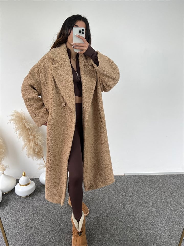 Premium Sütlü Kahve Oversize Teddy Tek Düğmeli Kaban 