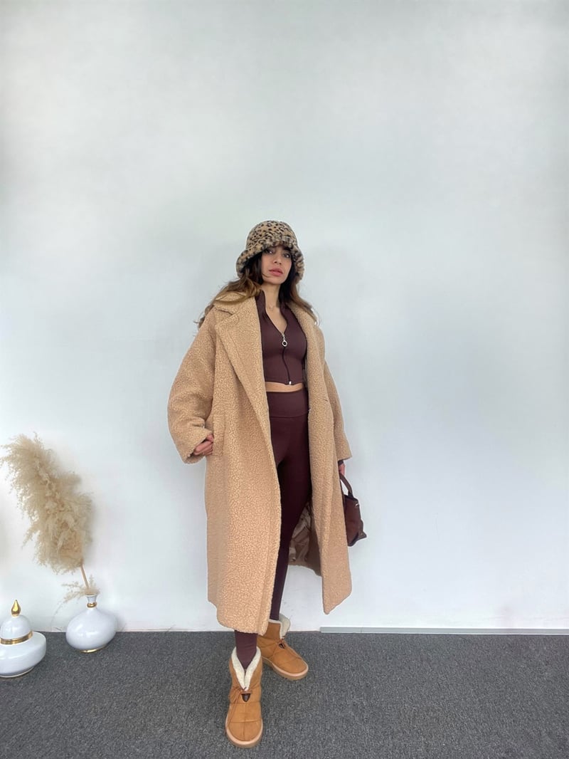 Premium Sütlü Kahve Oversize Teddy Tek Düğmeli Kaban 
