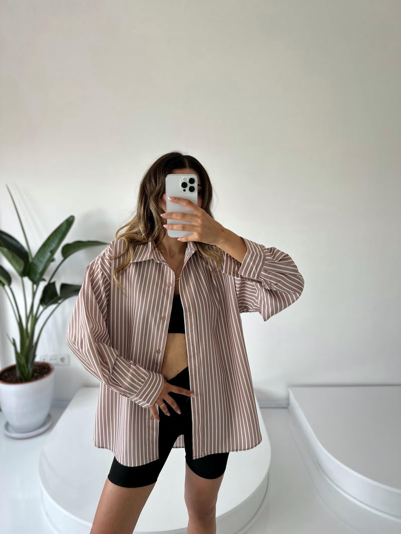 RYN Premium Kahve Çizgili Oversize Gömlek