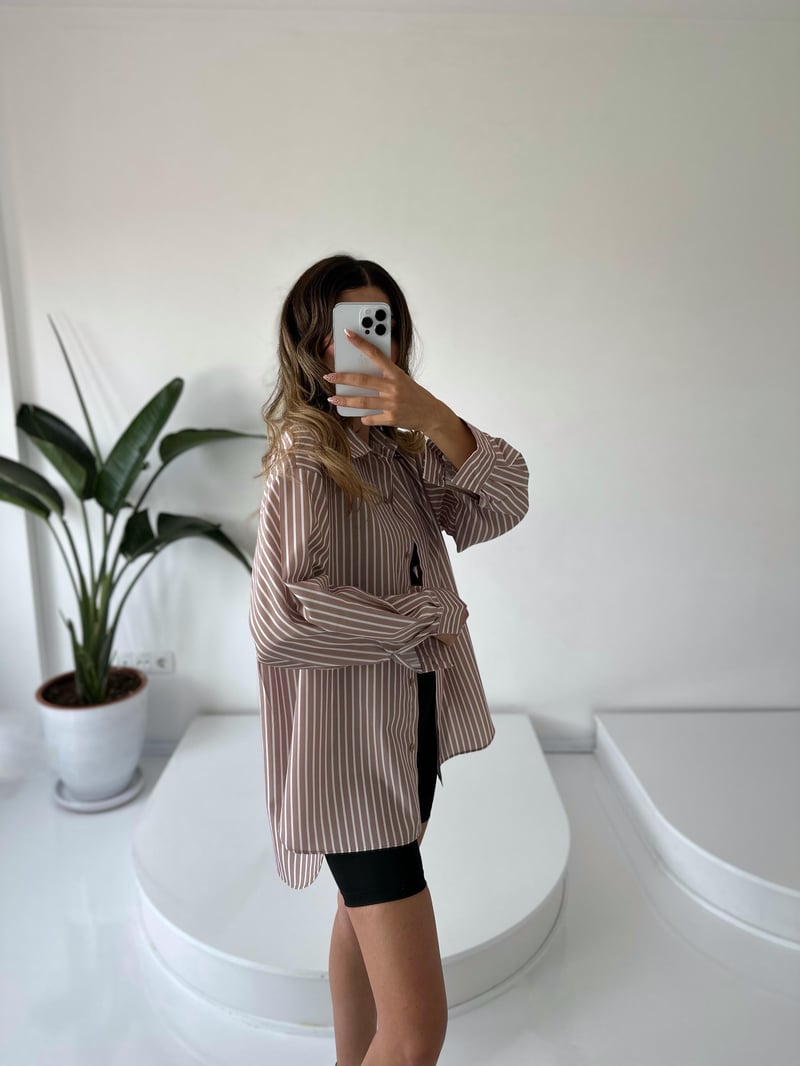 RYN Premium Kahve Çizgili Oversize Gömlek