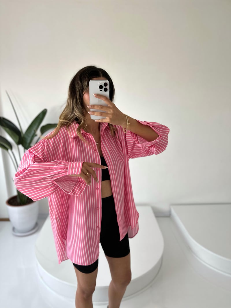 RYN Premium Pembe Çizgili Oversize Gömlek