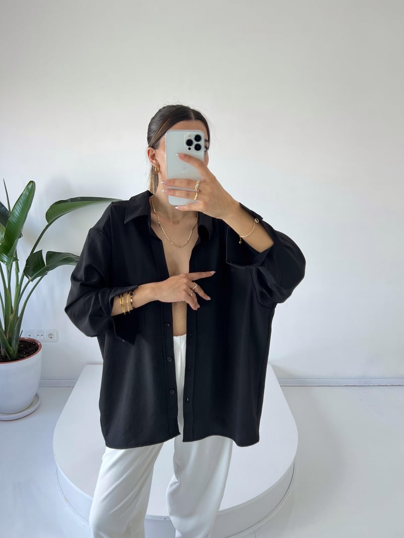 Siyah Ayrobin Premium Oversize Gömlek
