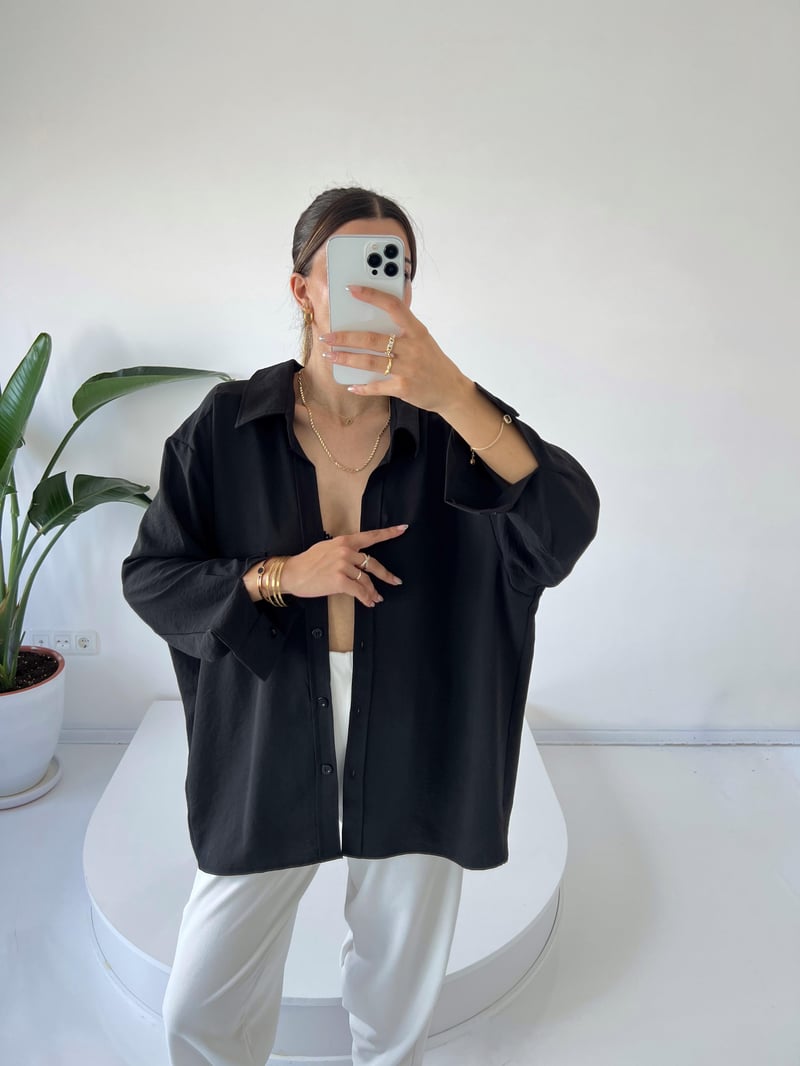 Siyah Ayrobin Premium Oversize Gömlek