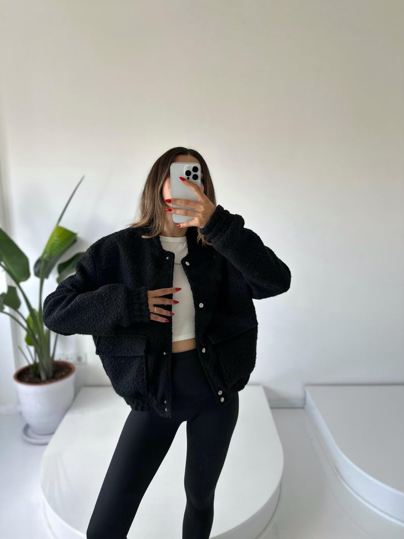 Siyah Buklet Teddy Bomber Ceket