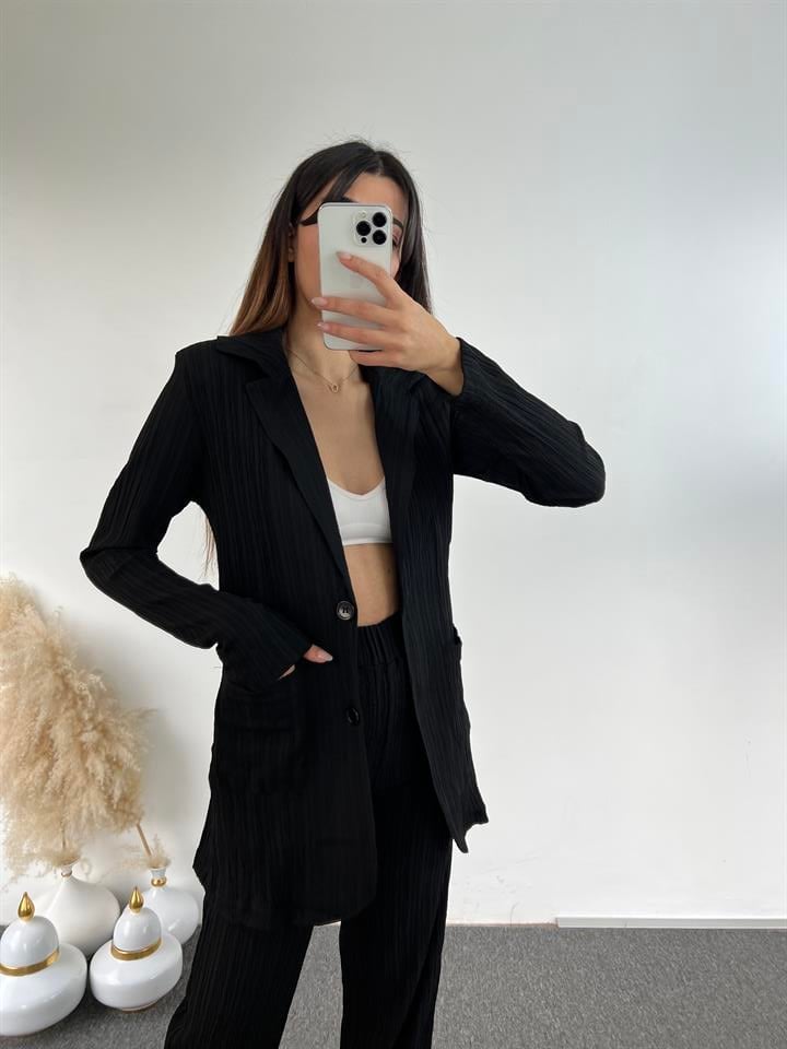 Siyah Gofre Blazer İkili Takım 