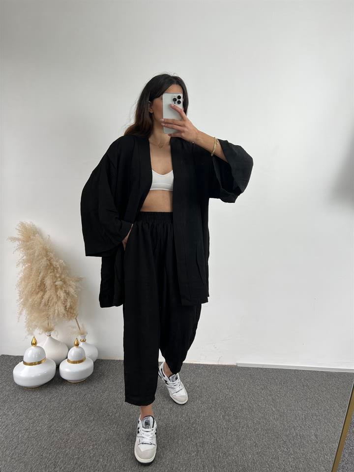 Siyah Gofre Kimono Takım 
