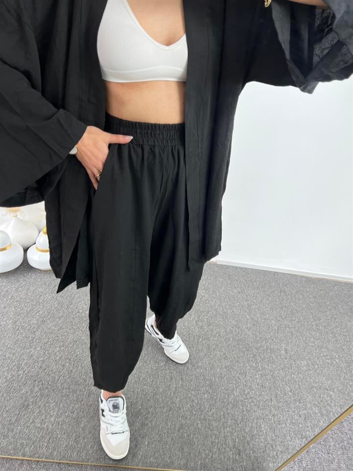 Siyah Gofre Kimono Takım 