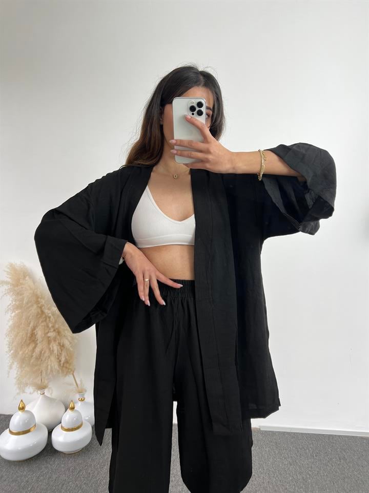 Siyah Gofre Kimono Takım 