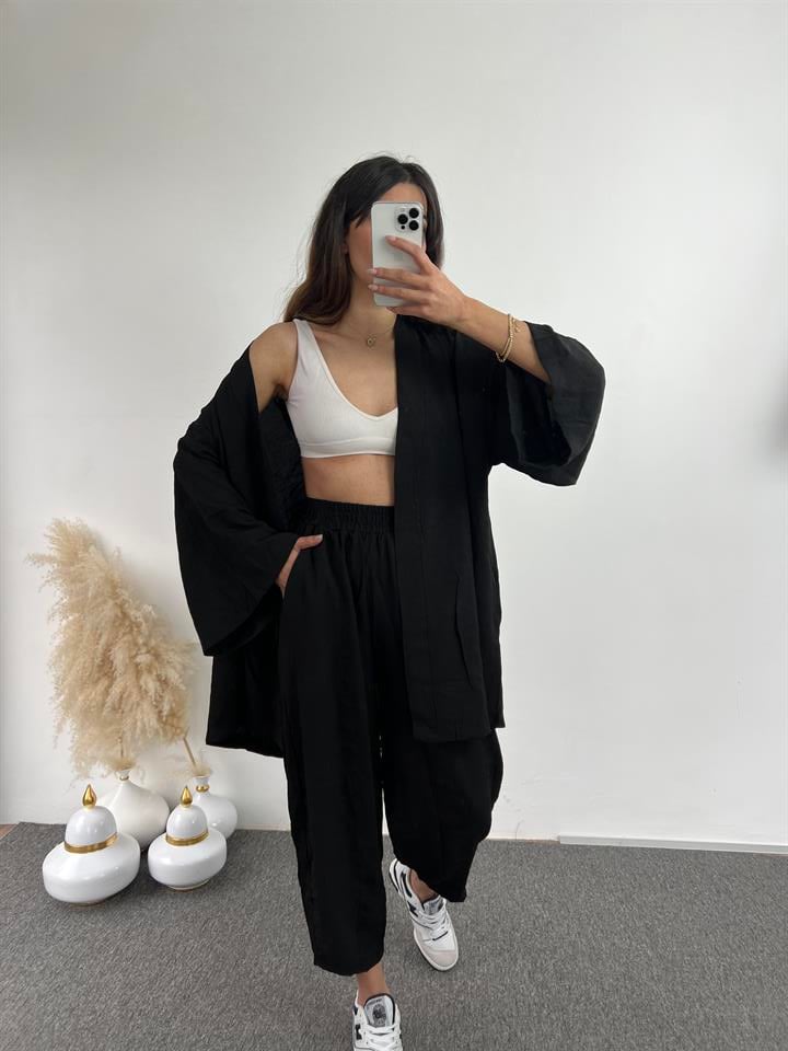 Siyah Gofre Kimono Takım 
