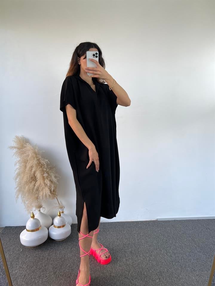 Siyah Kapüşonlu Oversize Elbise 