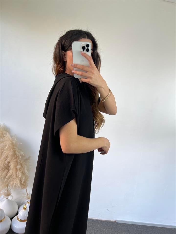 Siyah Kapüşonlu Oversize Elbise 