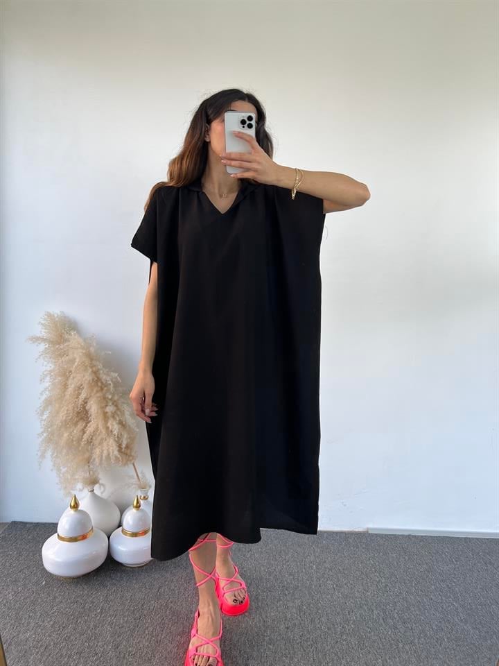 Siyah Kapüşonlu Oversize Elbise 