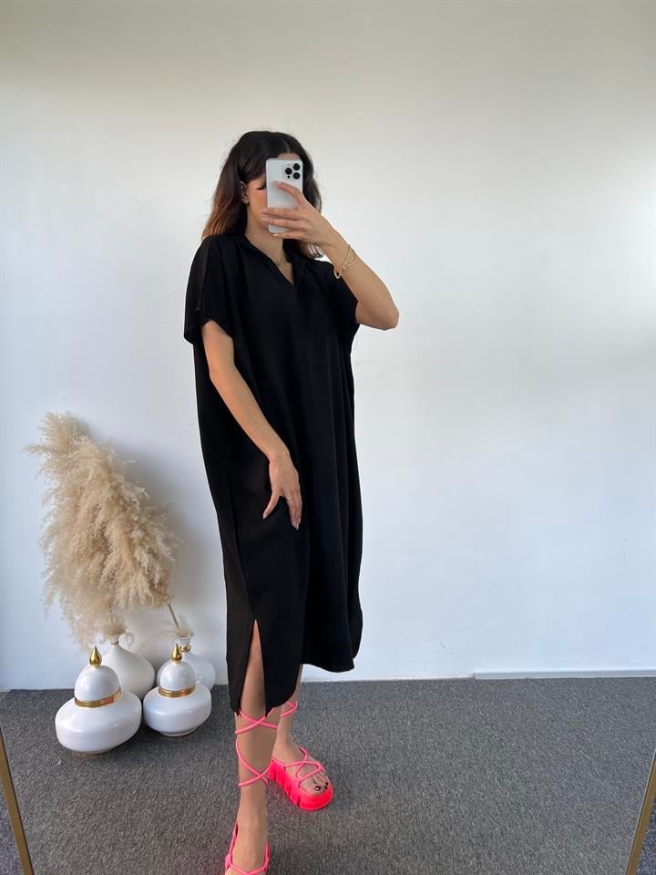 Siyah Kapüşonlu Oversize Elbise 