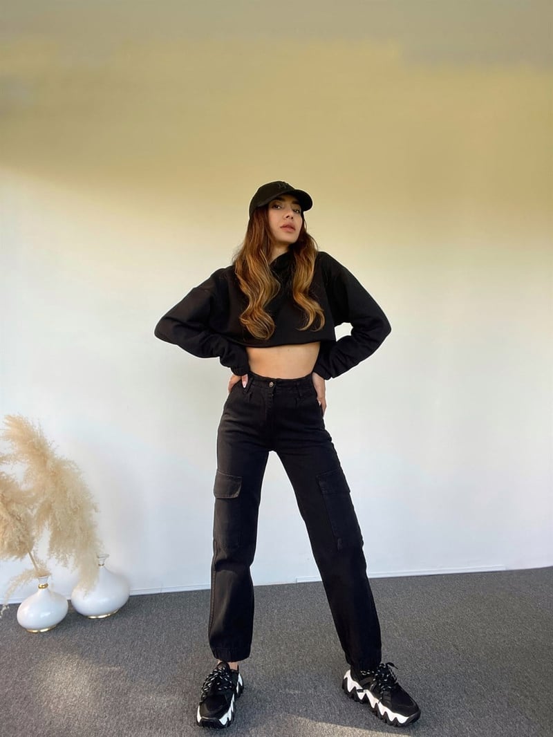 Siyah Premium Kargo Denim Pantolon