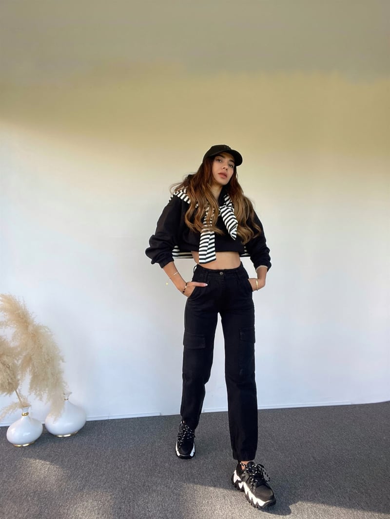Siyah Premium Kargo Denim Pantolon