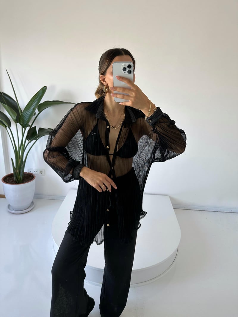 Siyah Tül Oversize Gömlek 