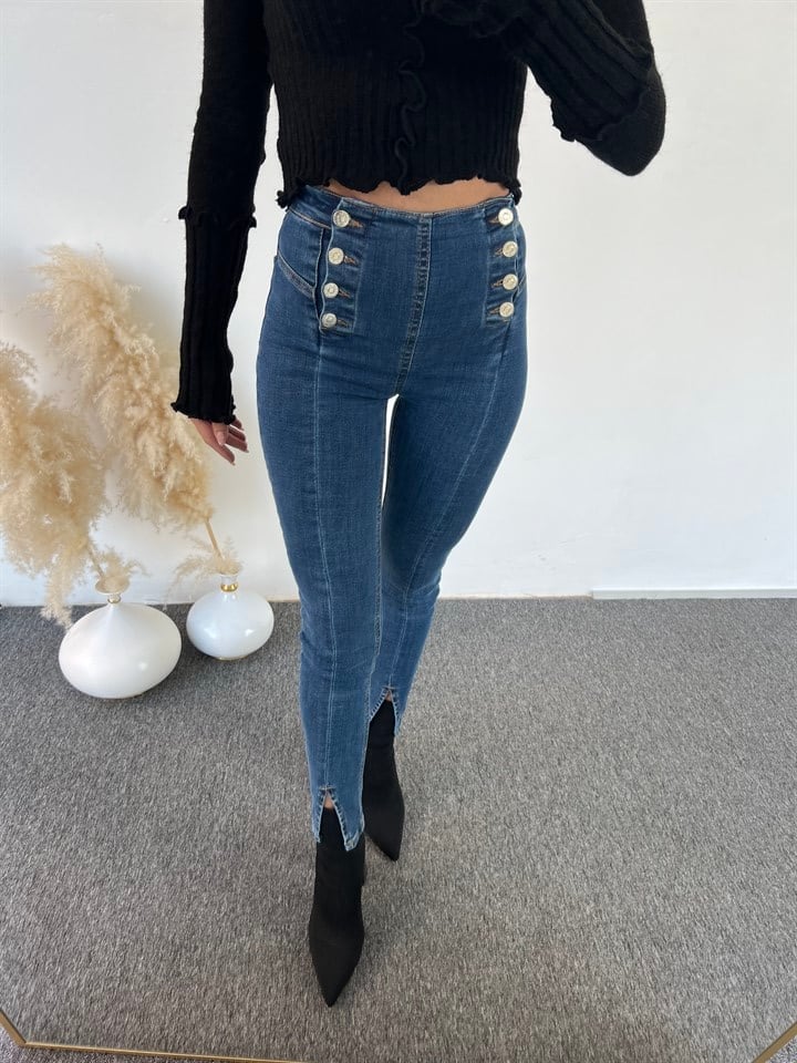 Süper Yüksek Bel Düğme Detaylı Jean 