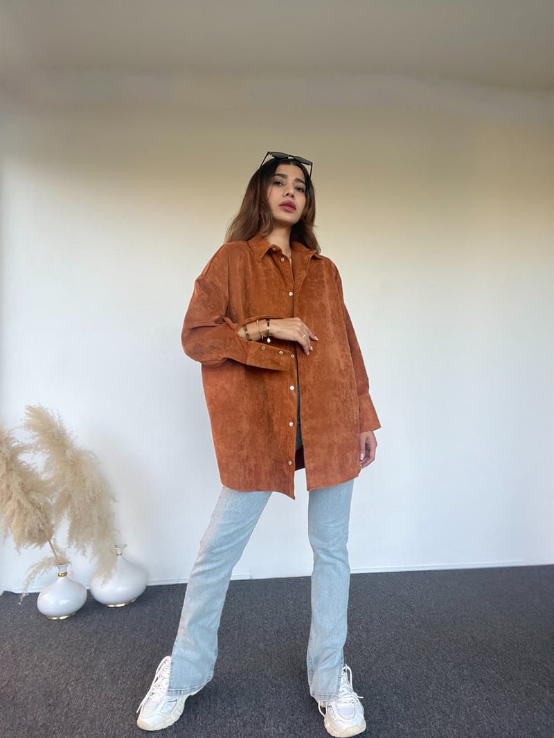Taba Oversize Kadife Gömlek 