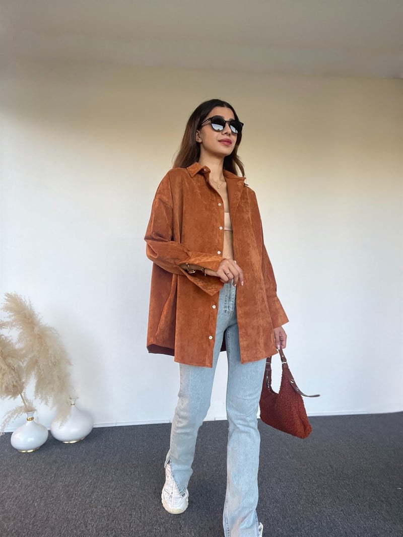 Taba Oversize Kadife Gömlek 