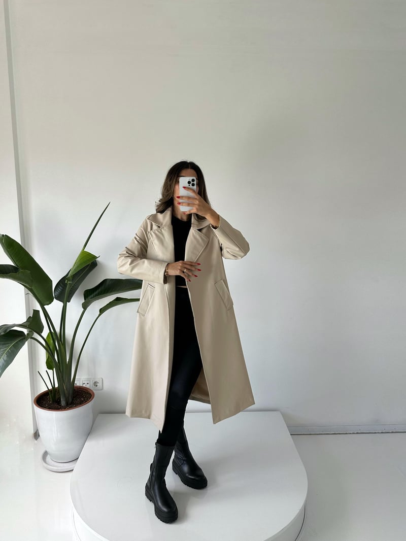 Taş Deri Uzun Trençkot