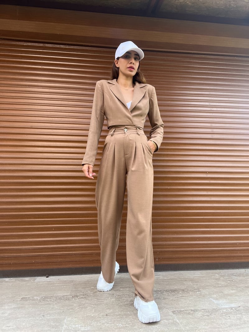 Vizon Keten Crop Blazer Pantolon İkili Takım