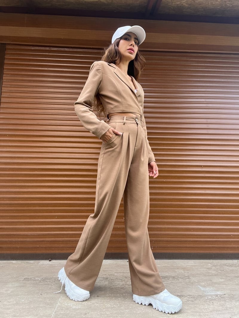 Vizon Keten Crop Blazer Pantolon İkili Takım