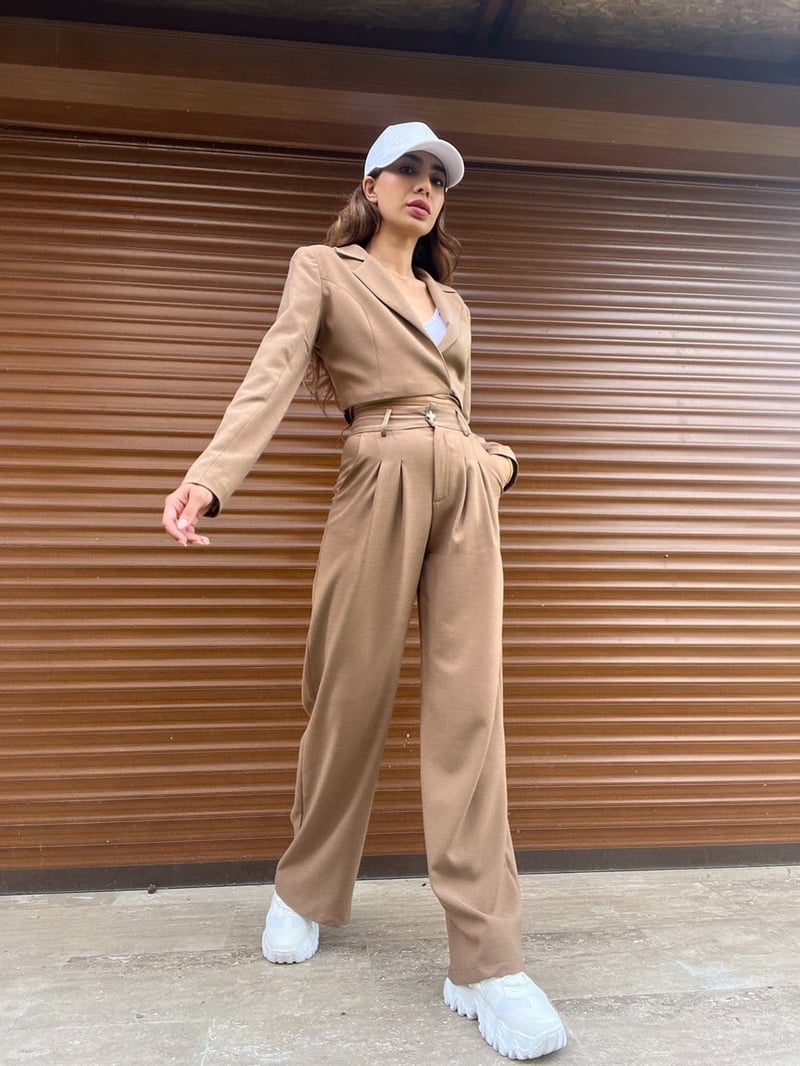Vizon Keten Crop Blazer Pantolon İkili Takım