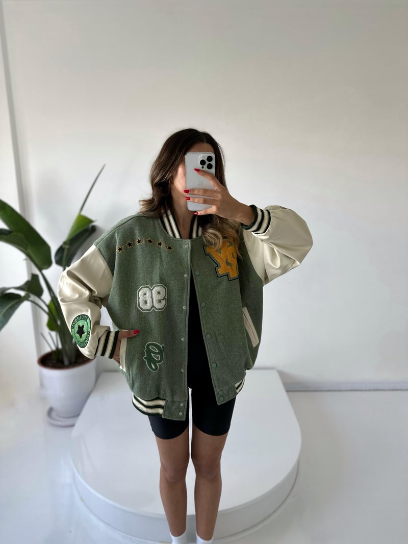 Yeşil Oversize Kaşe Bomber Ceket