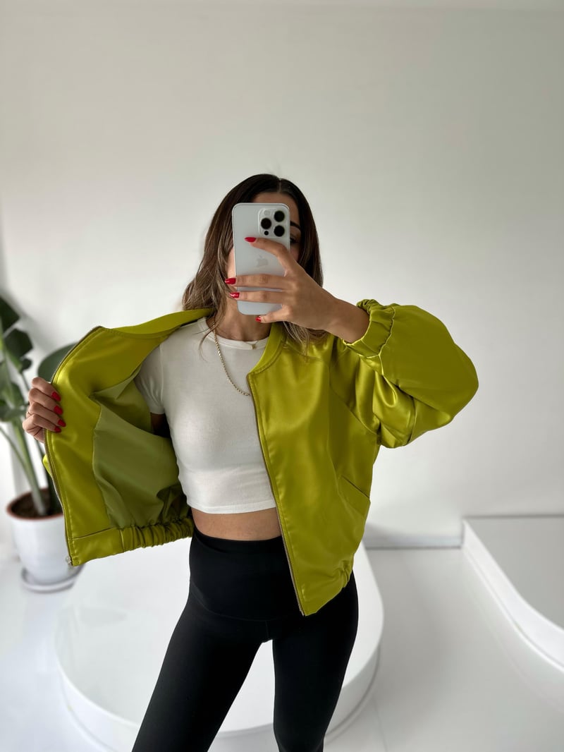 Yeşil Saten Bomber Ceket 