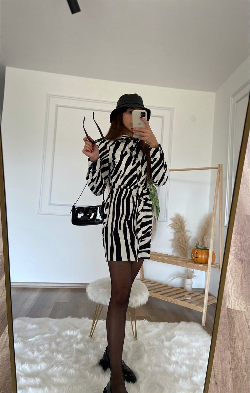 Zebra Desenli Drape Büzgülü Elbise