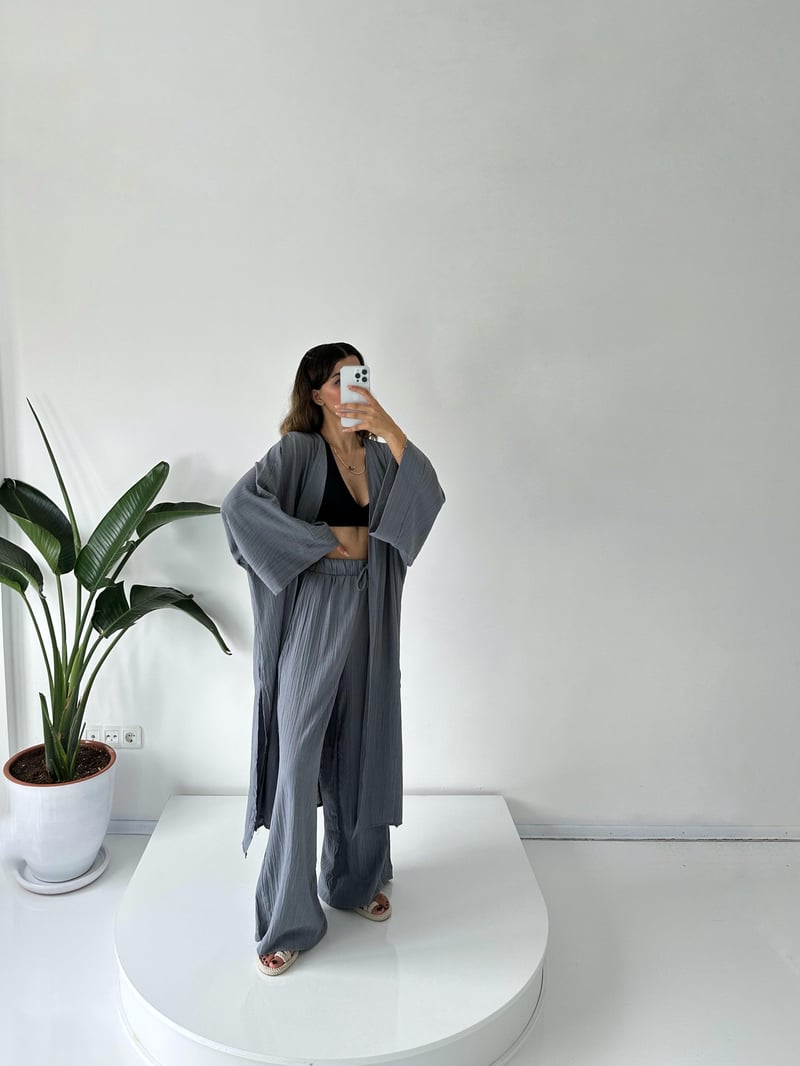 Zulya Gri Uzun Kimono Pantolon Takım