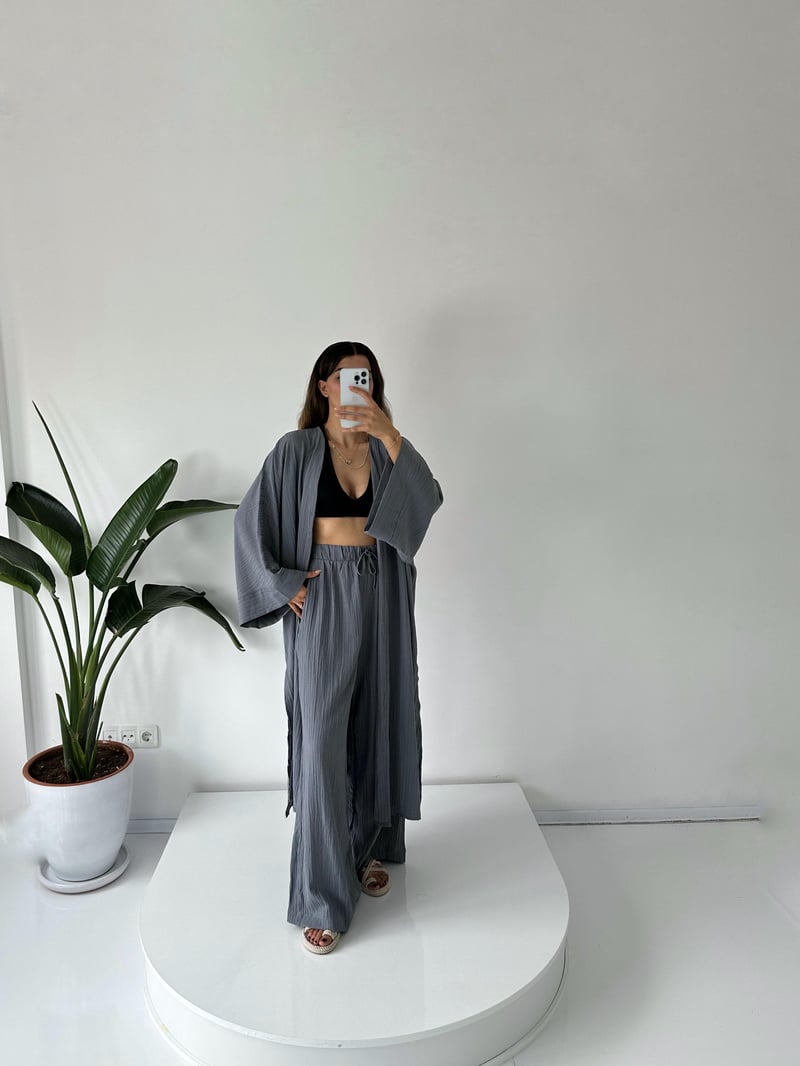 Zulya Gri Uzun Kimono Pantolon Takım