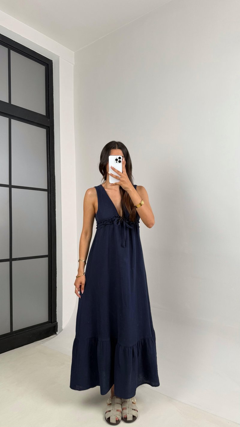 Lacivert V Yaka Beli Ayarlanabilir Lastikli Astarlı Müslin Elbise Gaus00680 GausELBİSEGU1002569