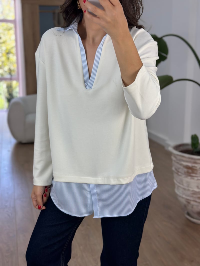  Gömlek Detaylı Modal Sweatshirt - Ekru