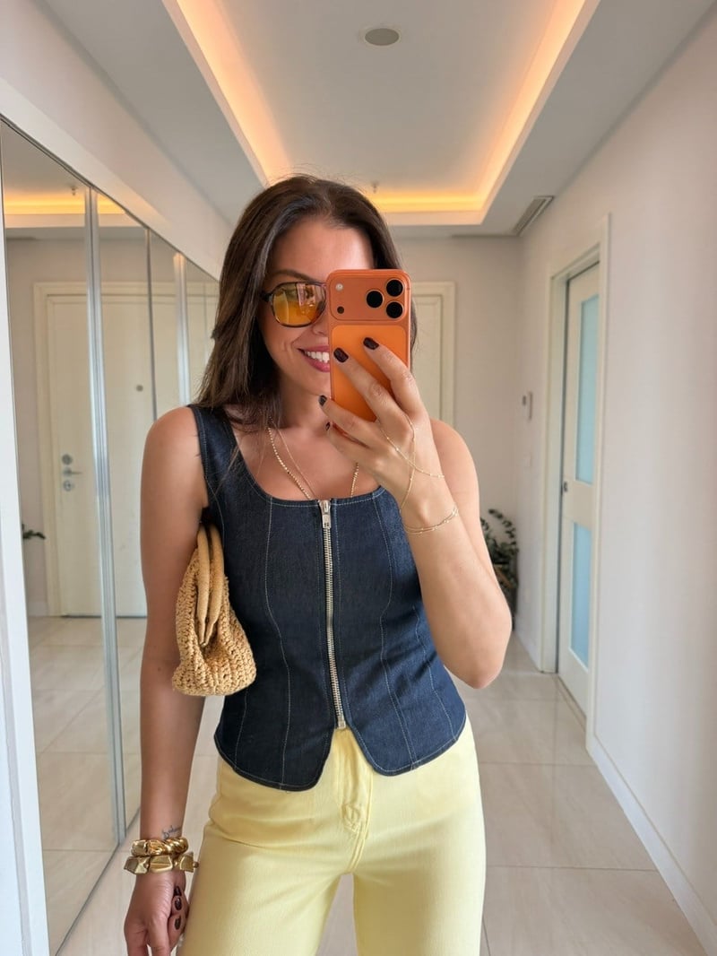 Önü Fermuarlı Denim Bluz 
