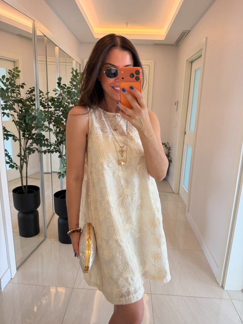 Nakış İşlemeli Premium Elbise - Ekru