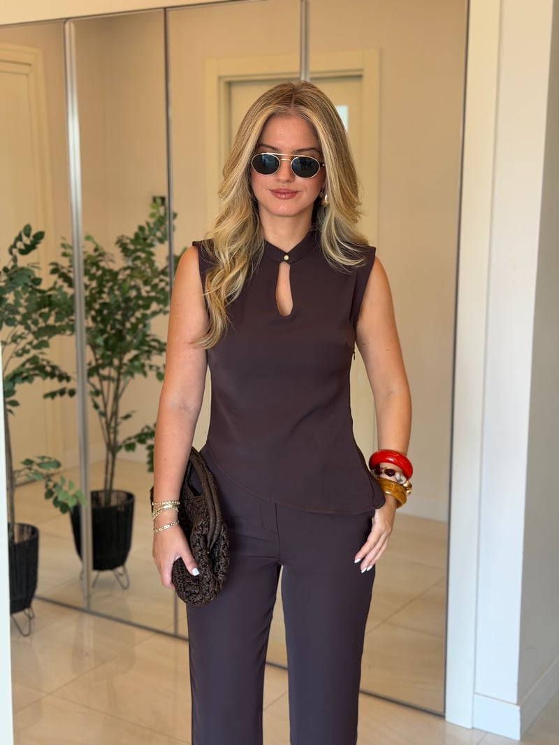 Damla Detaylı Bluz Pantolon Takım - Kahve