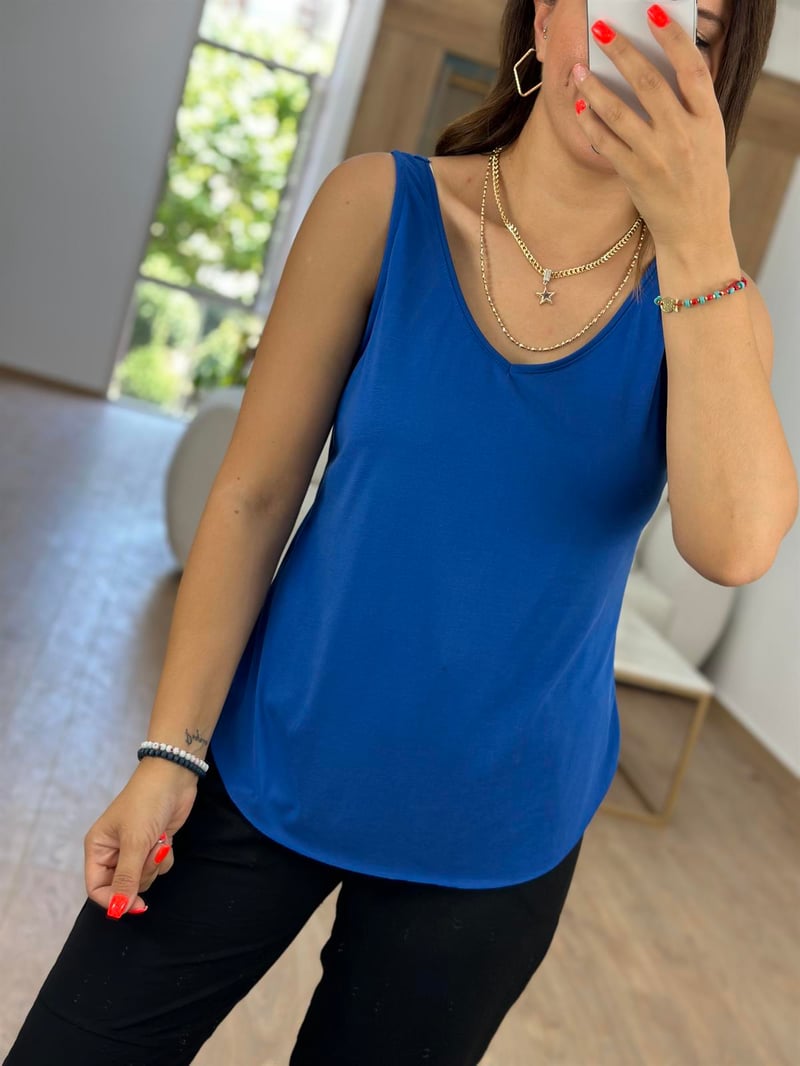 %100 Modal V Yaka Basic Tişort Saks