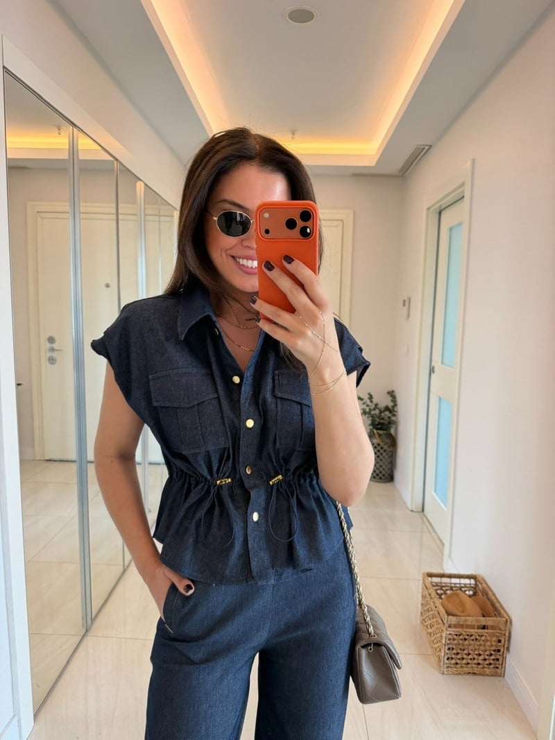 Önü Büzgülü Tasarım Denim Gömlek