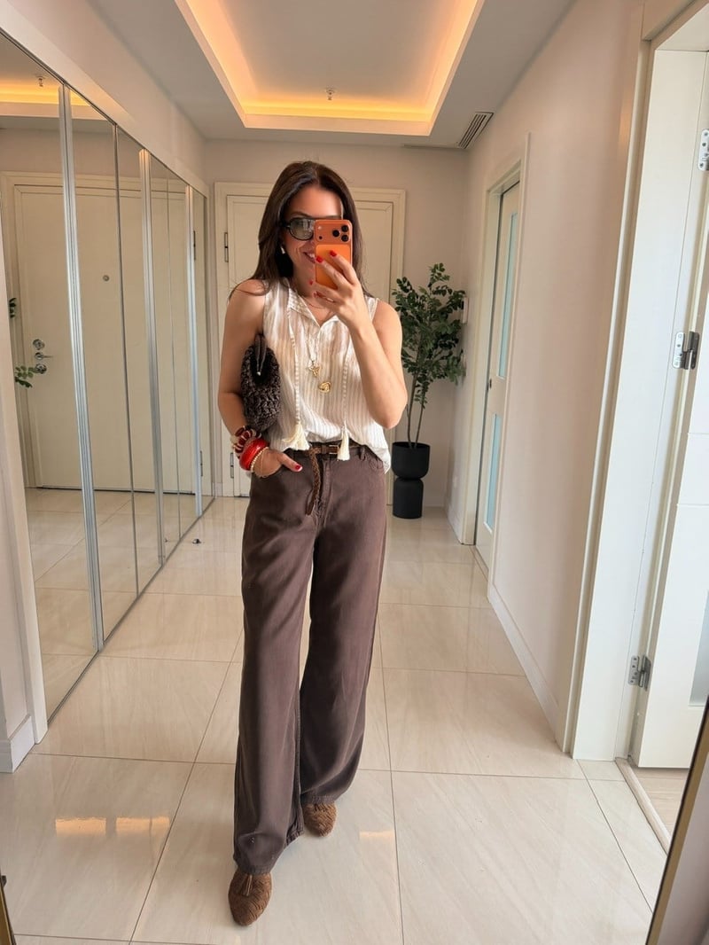 Premium Tensel Palazzo Denim Pantolon - Kahve